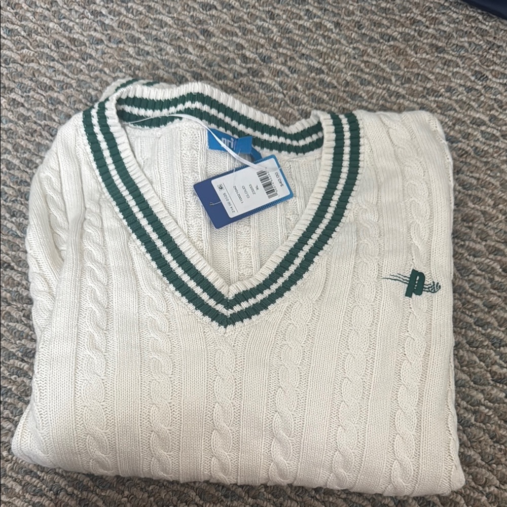 Prince White Cable Knit Sweater with Green Trim